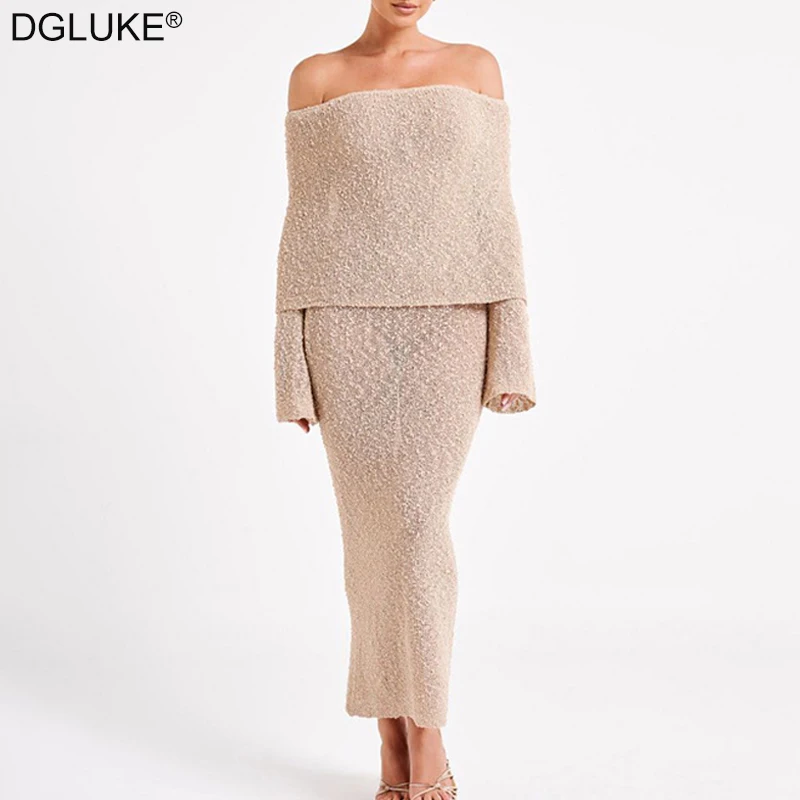 

DGLUKE Elegant Off Shoulder Maxi Dress Women Sexy See Through Knitted Beach Dress Long Sleeve Bodycon Summer Holiday Dress