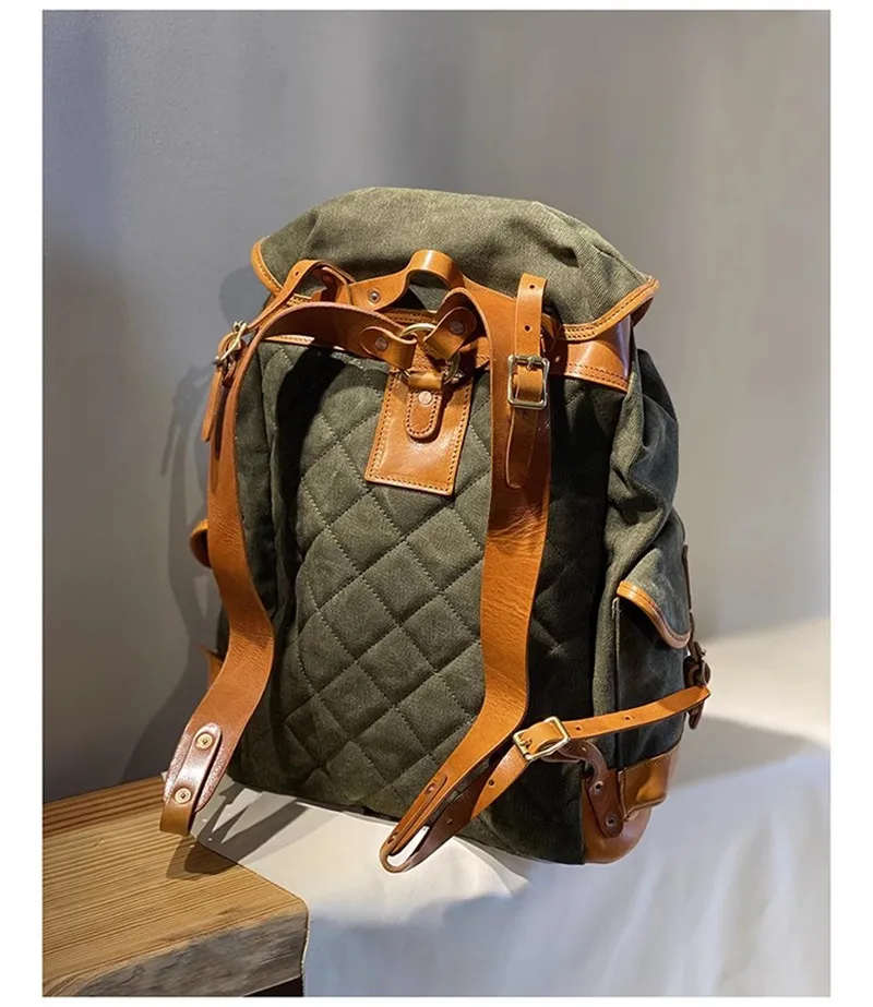 Vintage high-quality canvas genuine leather men women backpack outdoor travel designer luxury handmade large capacity schoolbag