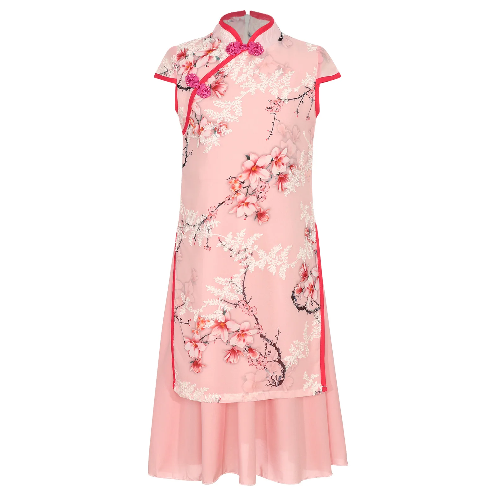 

Kids Girls Summer Dress Floral Print Embroidery Cheongsam Mandarin Collar Cap Sleeves Sides Split Chinese Traditional Costume