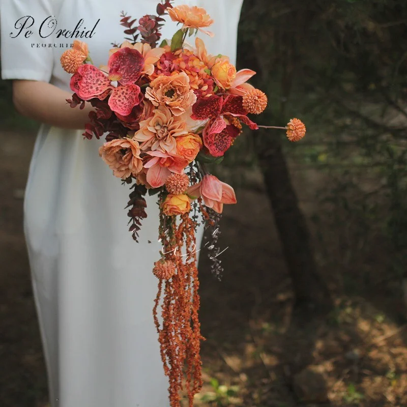 

PEORCHID Fall Orange Red Silk Flower Bouquet De Mariage Mariée Artificial Bridal Cascade Bouquet Wedding Flowers Luxury