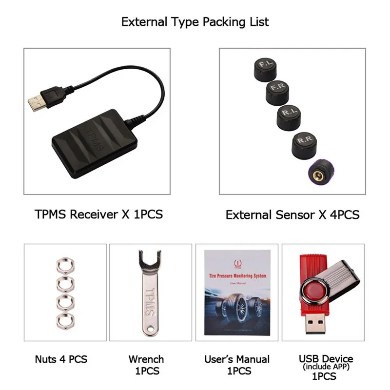 NEW-USB Spare Tire Pressure Monitoring System TPMS External 5 Sensors Real-Time Display For Android Navigation