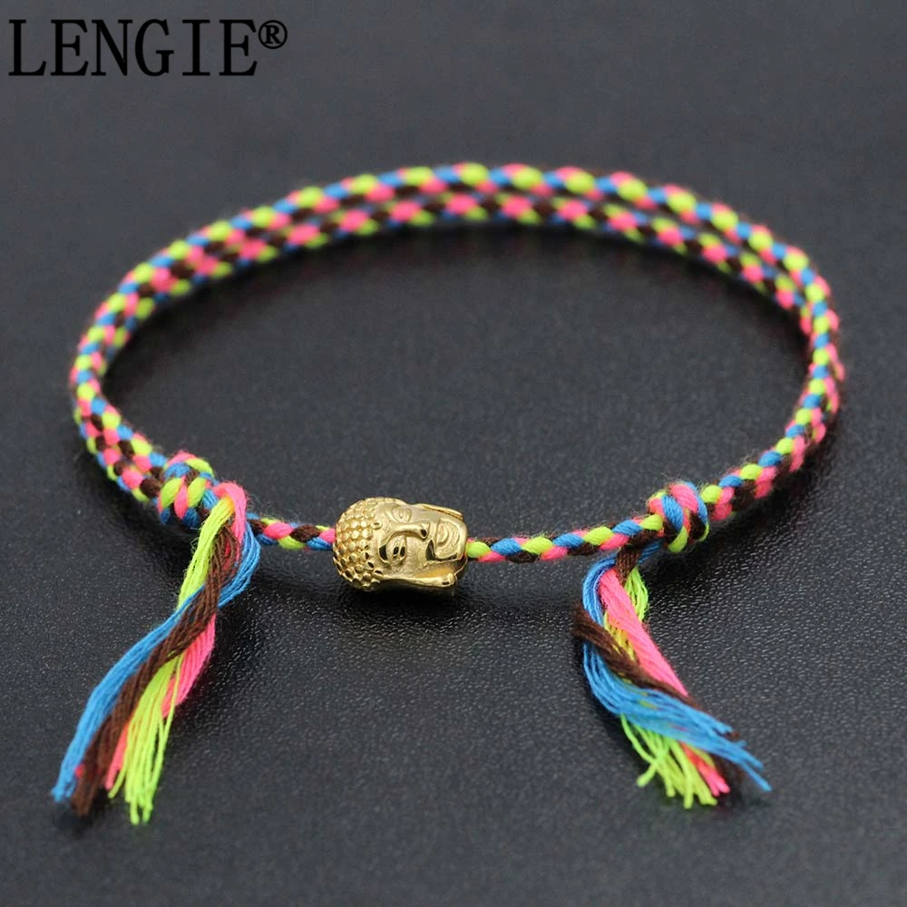 LENGIE Handmde Rope Stainless Steel Buddha Bracelets Tibetan Buddhist Lucky Woven Amulet Tibet Cord Bangles For Women Men