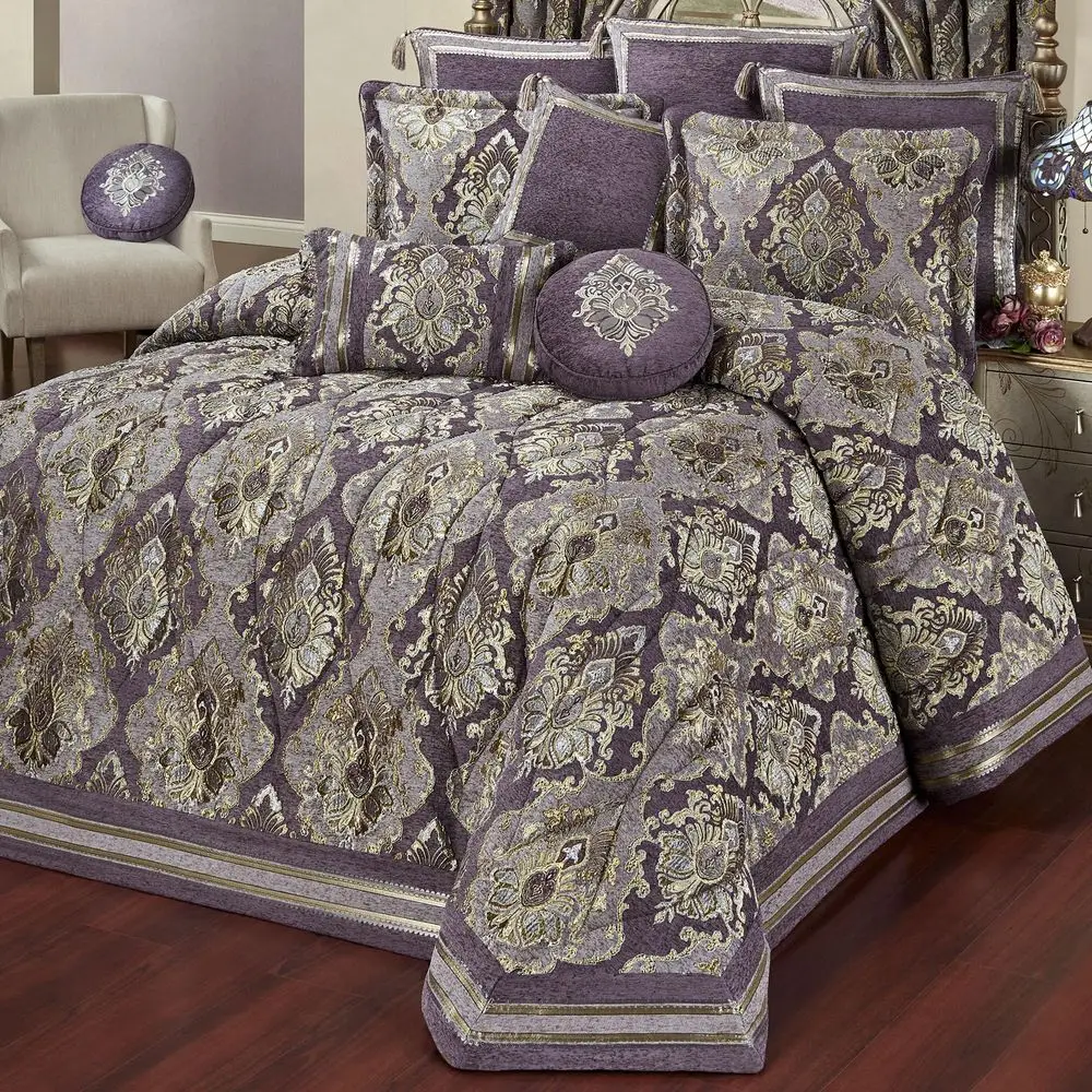 

Luxury Bedding Royal Purple, Grape, Lavender, and Gold Hues Traditional JacquardWoven Damask Medallions on Soft Textured Chenil