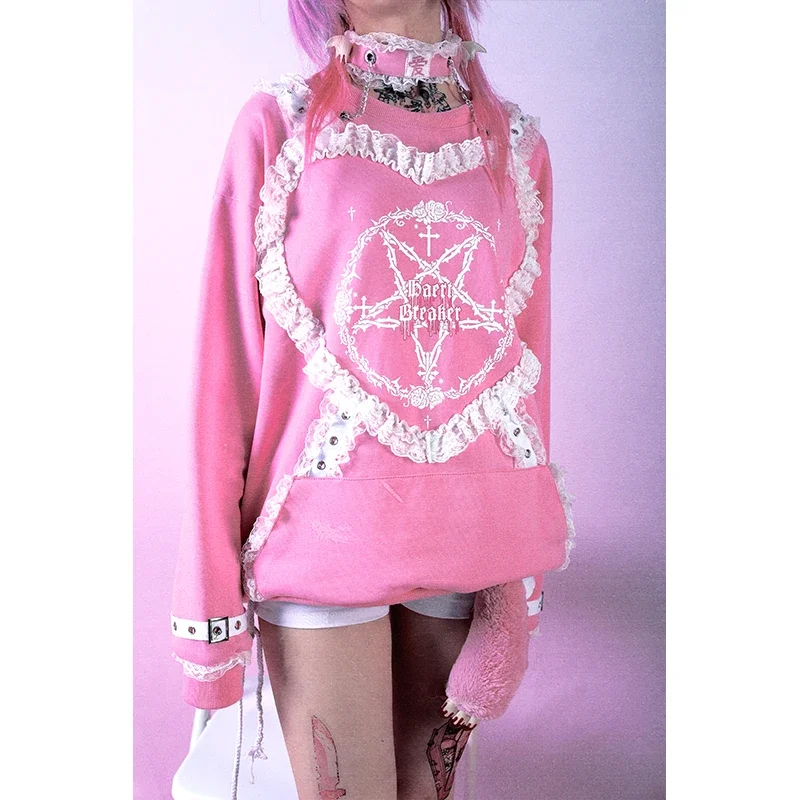 HBreaker Original Design Gothic Sweatshirt Women Lace Star Love Printing Punk Girls Pink Black Hoodies Pullover Women