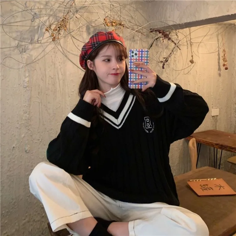 Preppy Style Loose V-neck Solid Color Sweater Women Autumn Winter Fashion Embroidered Knitwear All-match Casual Knitting Tops