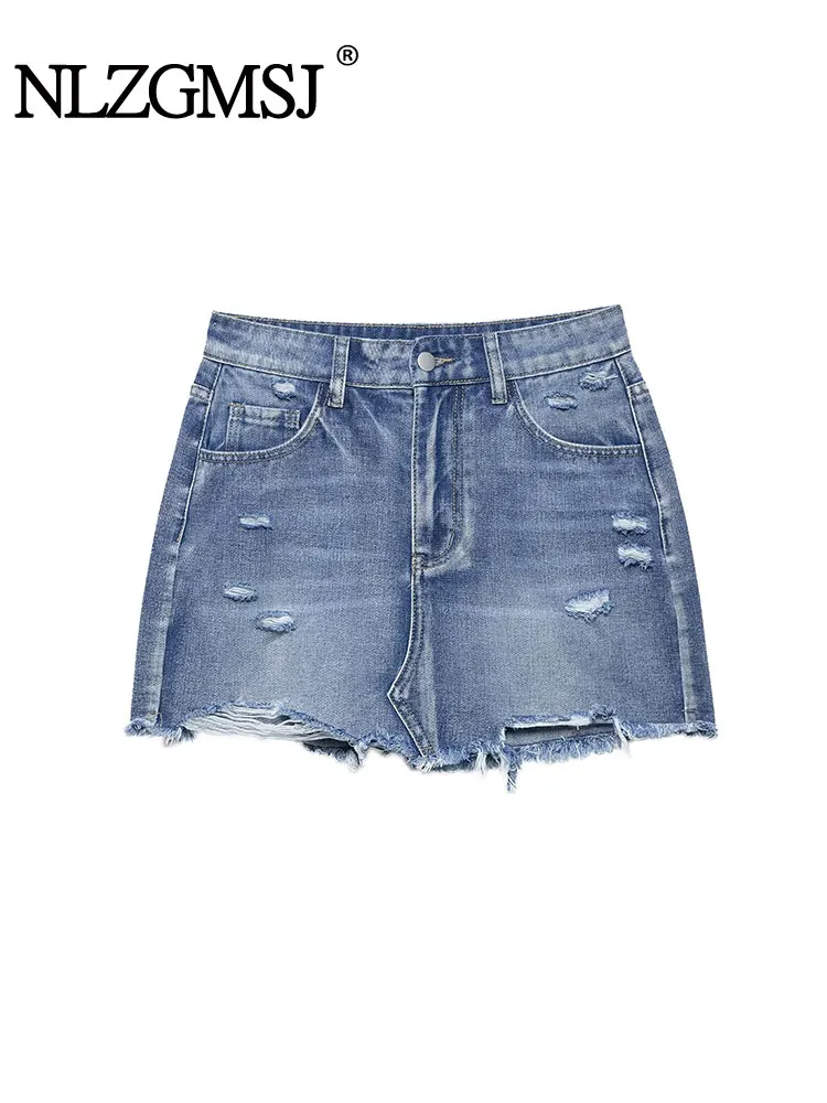 

2025 Spring Summer Blue Denim Hole Skirts Women's Mini Skirts Ladies Fashion Casual Streetwear Skirts