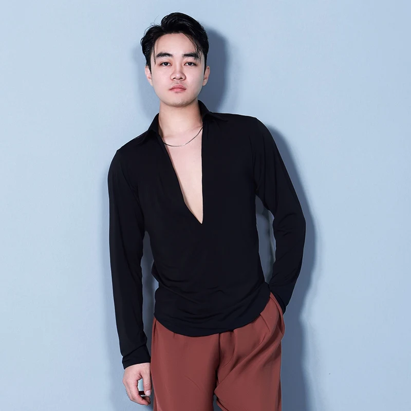 الرجال قاعة الرقص الملابس رومبا تشا تشا ممارسة الرقص قمم الذكور اللاتينية المنافسة الملابس فضفاضة اللاتينية الرقص قمم