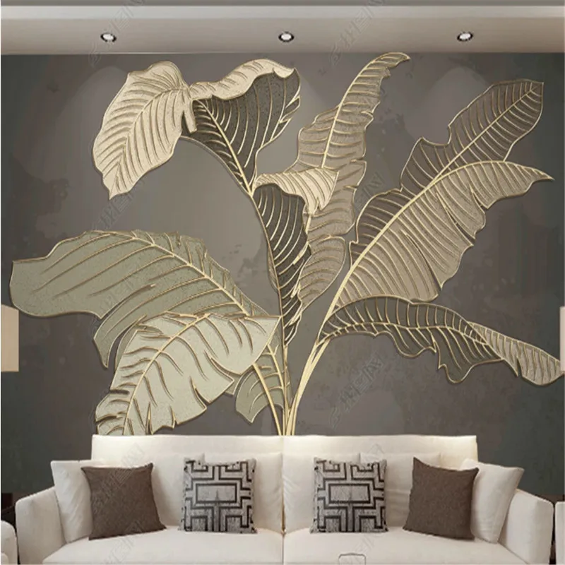 

Modern Wallpaper for Living Room Plantain Green Plants Light Luxury Golden Line TV Sofa Background Wall Papers Home Decor Mural