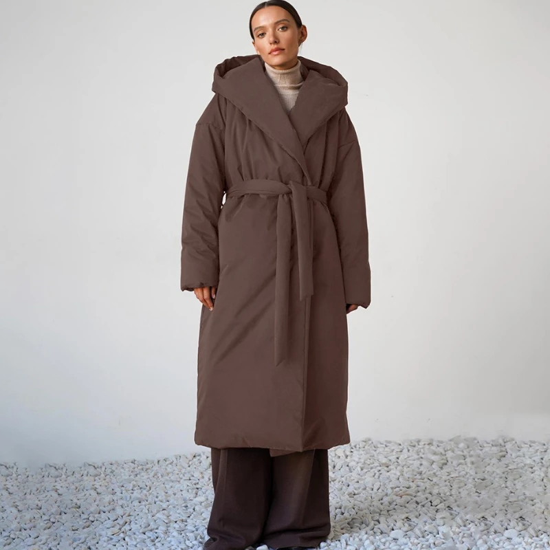 TARUXY Fashion Long Hooded Cotton Jacket Women's Casual Solid High Street Belt Pocket Warm Cotton Down Coat Winter Commuter Coat