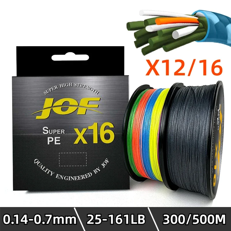 JOF 300M-500M 12/16 Strands Multifilament Braided Outdoor Fishing Line Super Power 25-161LB Weaves Resistant 0.14mm-0.7mm Pesca