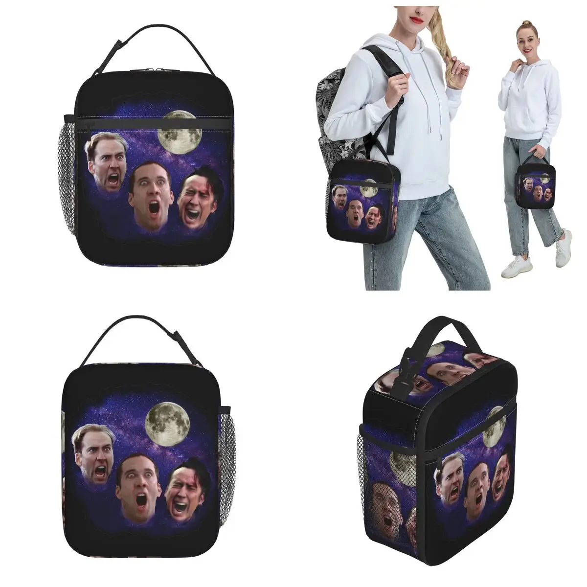 Nicolas Cage Moon Meme-Bolsa de almuerzo aislada para la escuela y la Oficina, bolsa de almacenamiento de alimentos, fiambrera térmica portátil