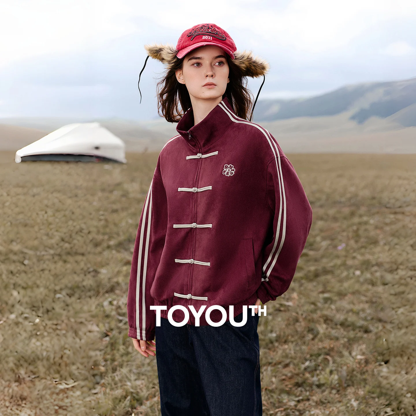 TOYOUTH Women Padded Coat 2026 Winter New New Chinese Style Stand Collar Frog Button Color Block Webbing Faux Suede Outerwear