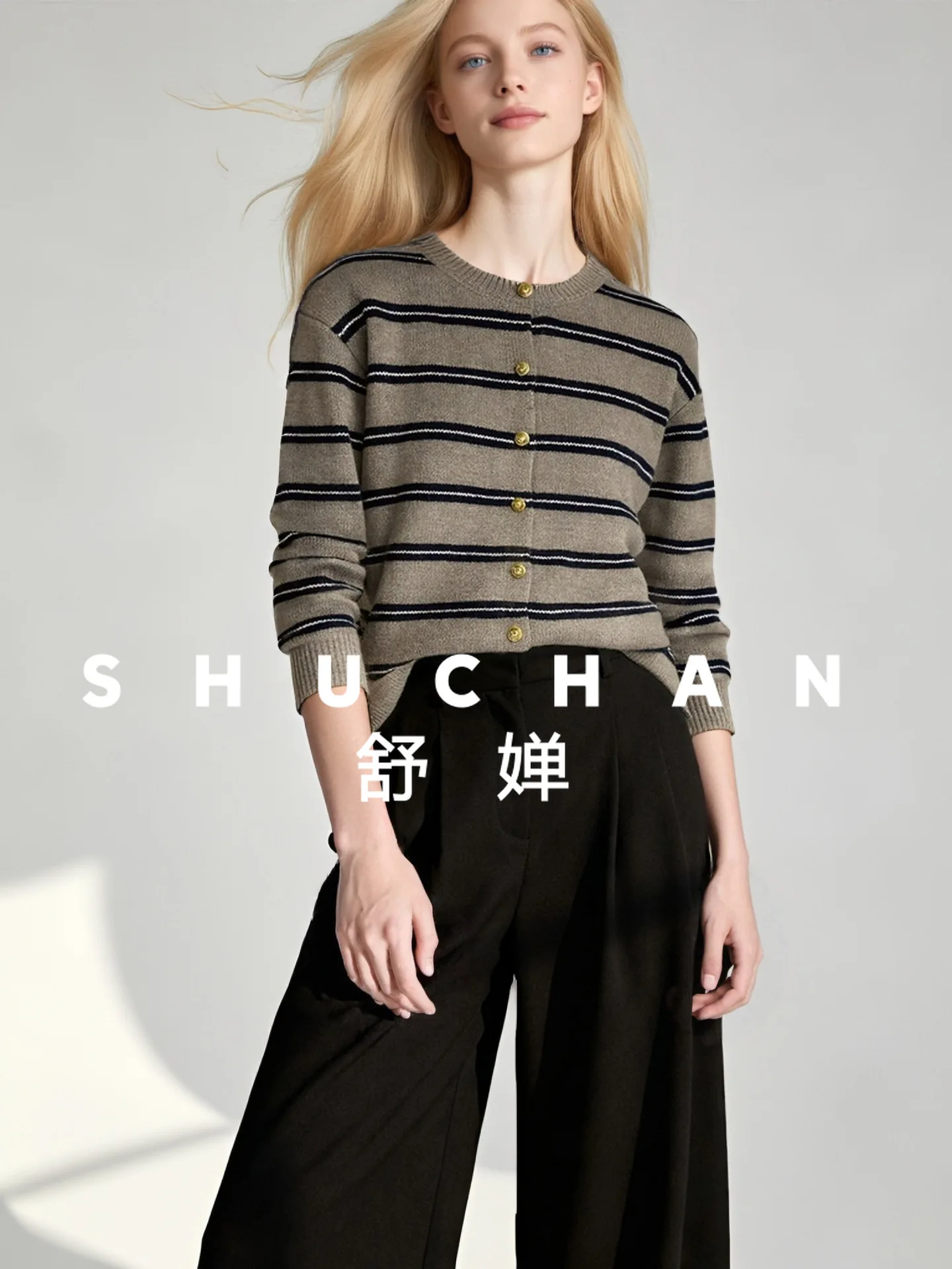 เสื้อคลุมคาร์ดิแกนไหมพรมลายทางคลาสสิกทรงหลวม คอกลม ผ้าขนสัตว์ 100% สำหรับผู้หญิง  คอลเลคชั่นฤดูใบไม้ร่วงและฤดูหนาว ปี 2025