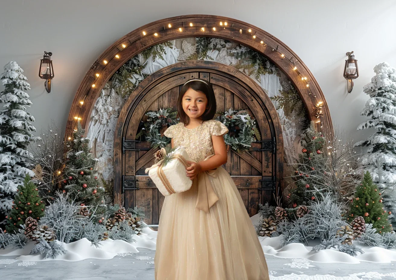 Christmas Photography Backdrop Arched Wooden Door White Wall Garlands Greenery Twinkling Light Background Photo Studio Photocall