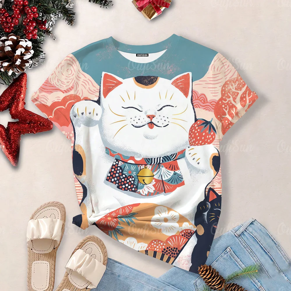 Lucky Cat Print Summer Women\'s T-Shirts Fashion Casual T-Shirt Clothes Women Short Sleeve Funny Cartoon Oversized T-Shirts 2024