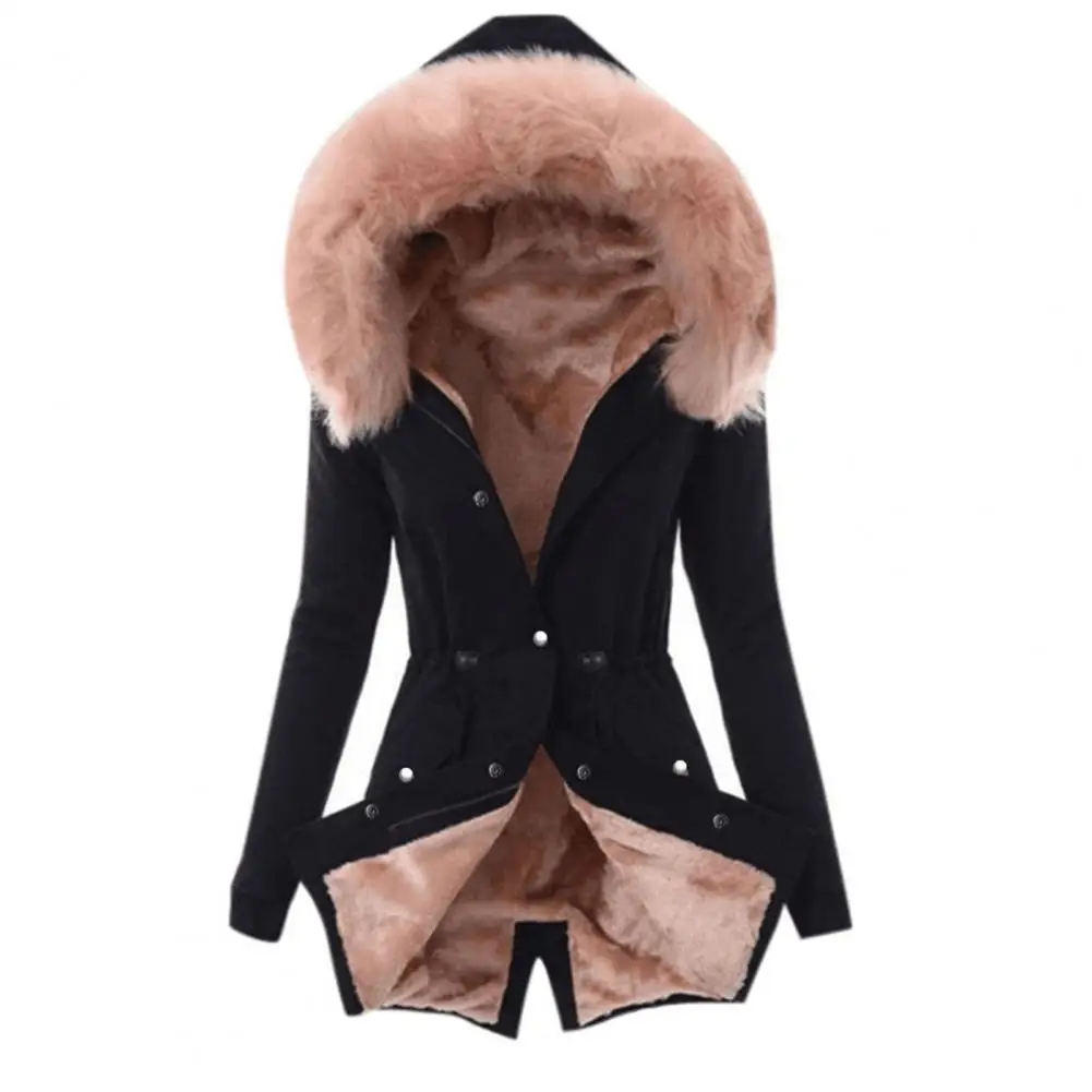 Women Jacket Fluffy Drawstring Pocket Hooded Solid Warming Coat for Dating