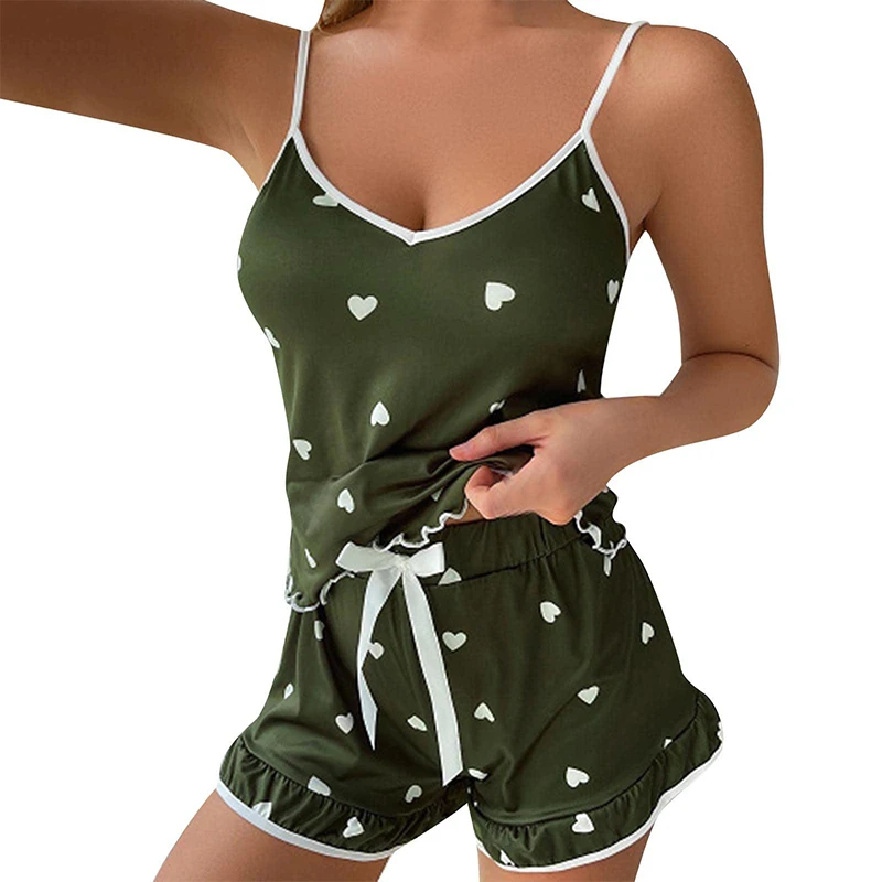 

New Printed Summer Women's Sleepwear Set with V-Neck Vest Bow Shorts Lightweight and Sexy Summer Casual Wear