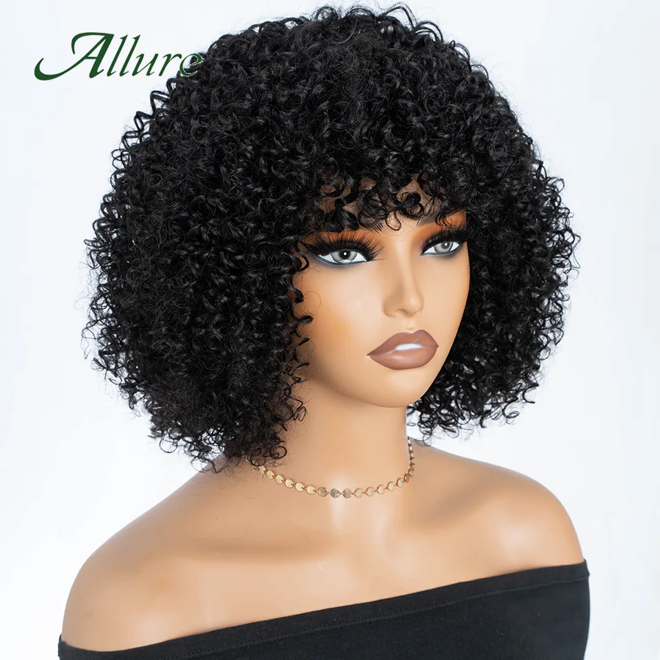 Wig rambut pendek keriting Jerry Brasil untuk wanita Wig rambut manusia berwarna hitam alami dengan poni 12 inci rambut keriting Afro Allure