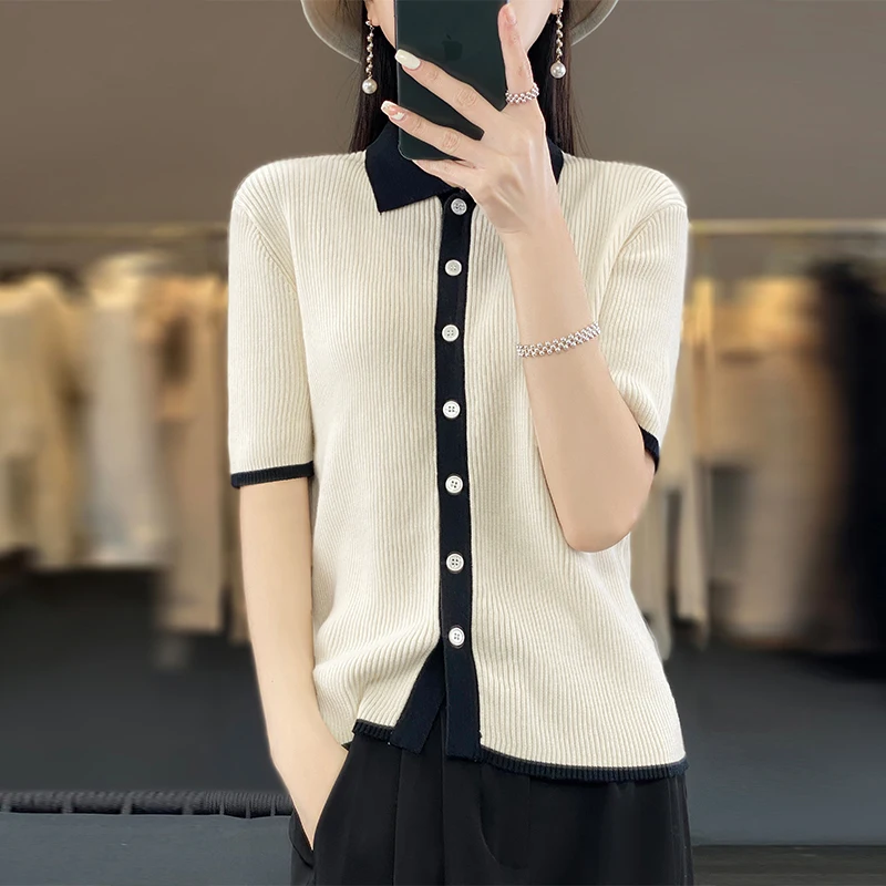 100% Cotton T-shirt Women\'s Polo Collar Color Block Cardigan Short Sleeve 2023 Summer New Knitted Sweater Loose Fashion Top