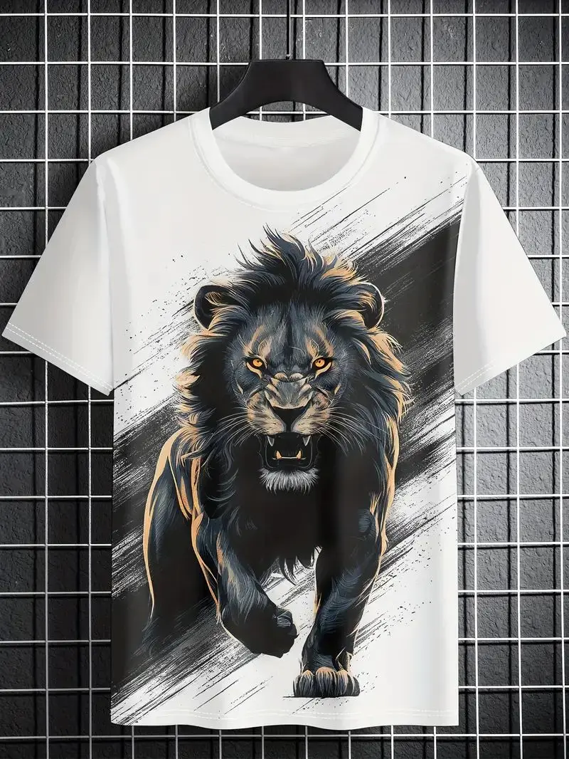 

Summer Men's T Shirt Short Sleeve Lion Print Casual O-Neck Oversized Pullover Fashion Streetwear Male Clothing Animal T-Shirts