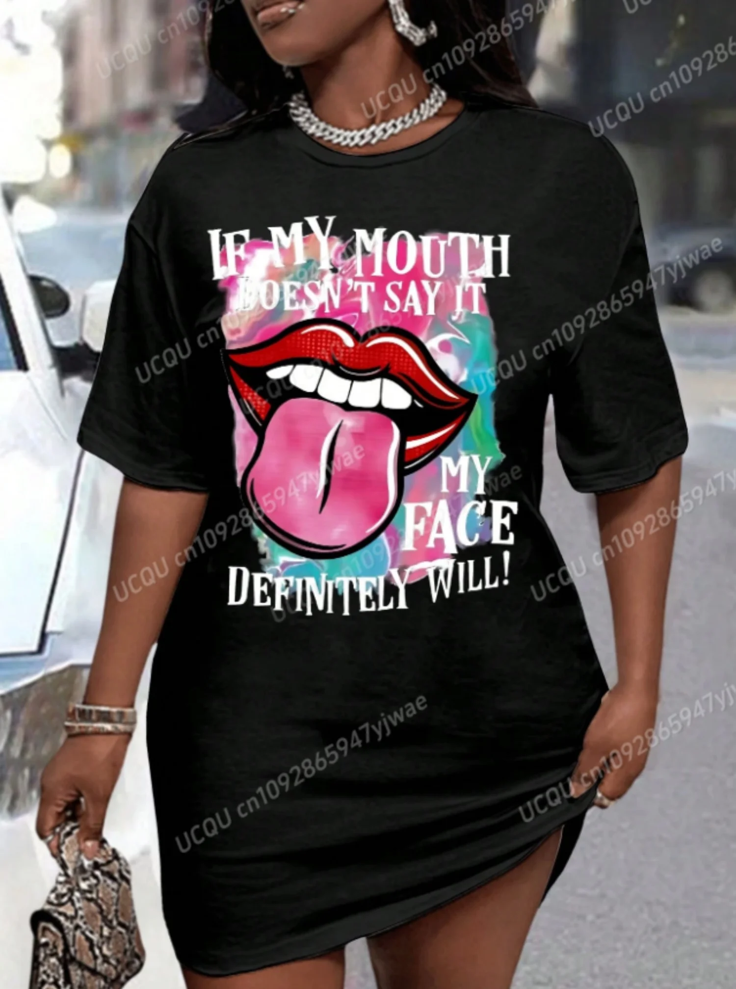 2025 Summer  Polyester Women T-Shirt Dress Loose Casual MOUTH Printed O-Neck Lady Short Sleeve Pullover Dresses Women Clothing