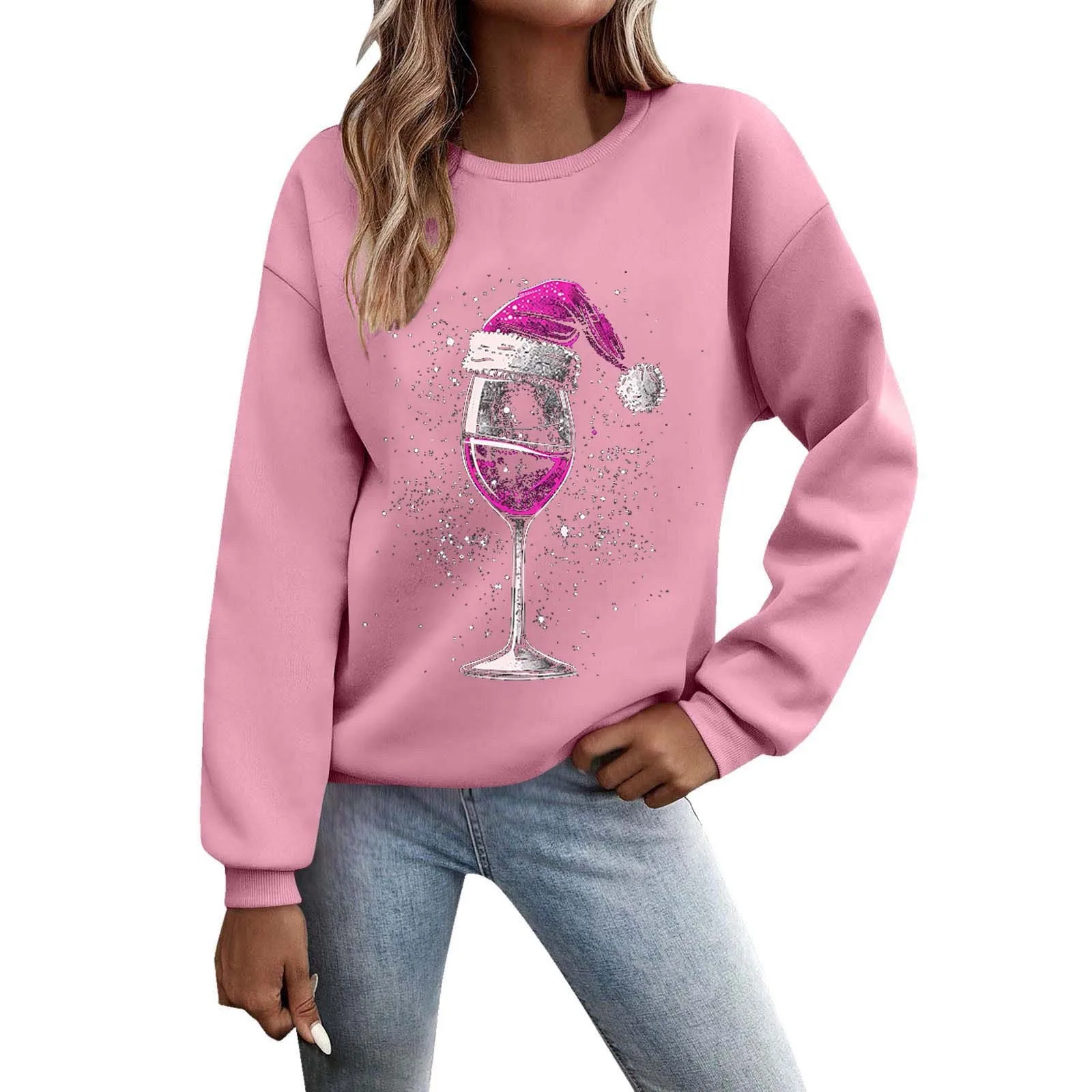 2024 And Winter Fashion Purple Wine Glass Print Women's Hoodless Christmas Hoodie Zip up Kindness Sweatshirts for Women