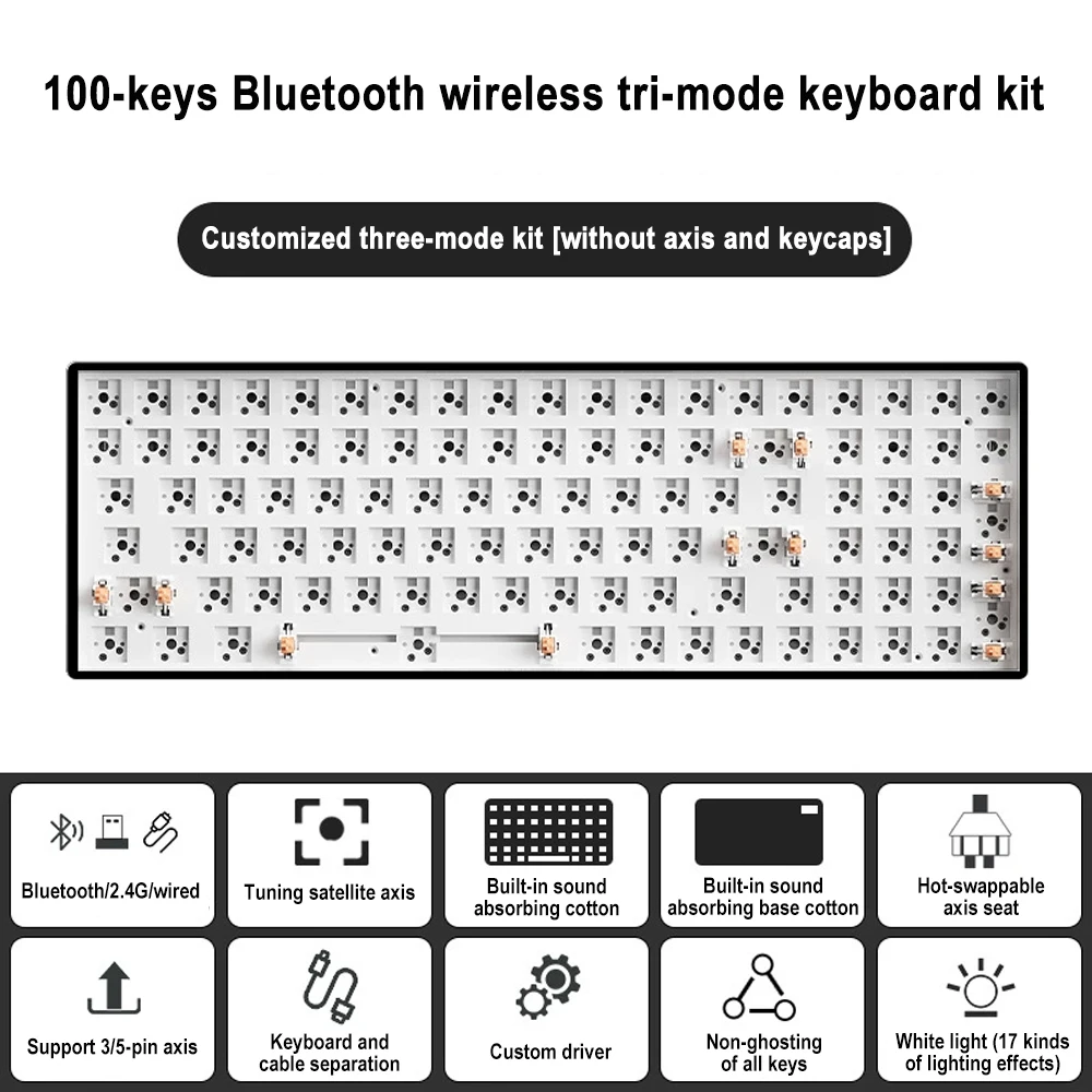 Wireless Mechanical Keyboard Bluetooth Type-C Tri-Mode Hot-swap 98% Layout 100 Keys White Backlight DIY Keyboards Kit for Gaming