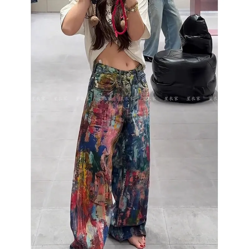 Street Style Graffiti Jeans Men Distressed Rainbow Random Painting Pattern Straight Wide Leg Pants Hiphop Y2k Trousers