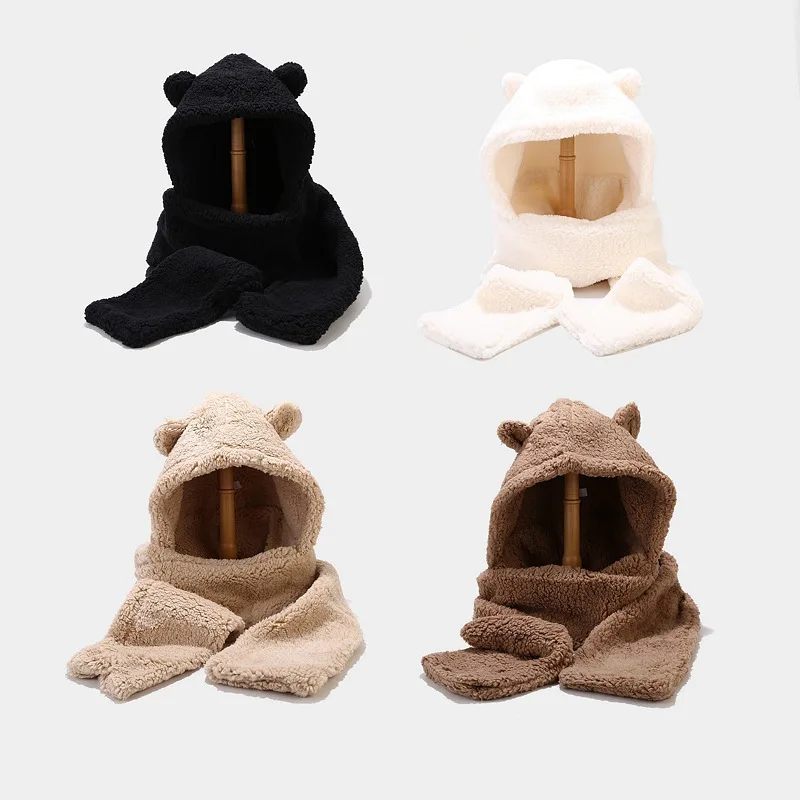 Knitted hat set girls Cute ears scarf one-piece set outdoor warm colorful thickened set adult Winter