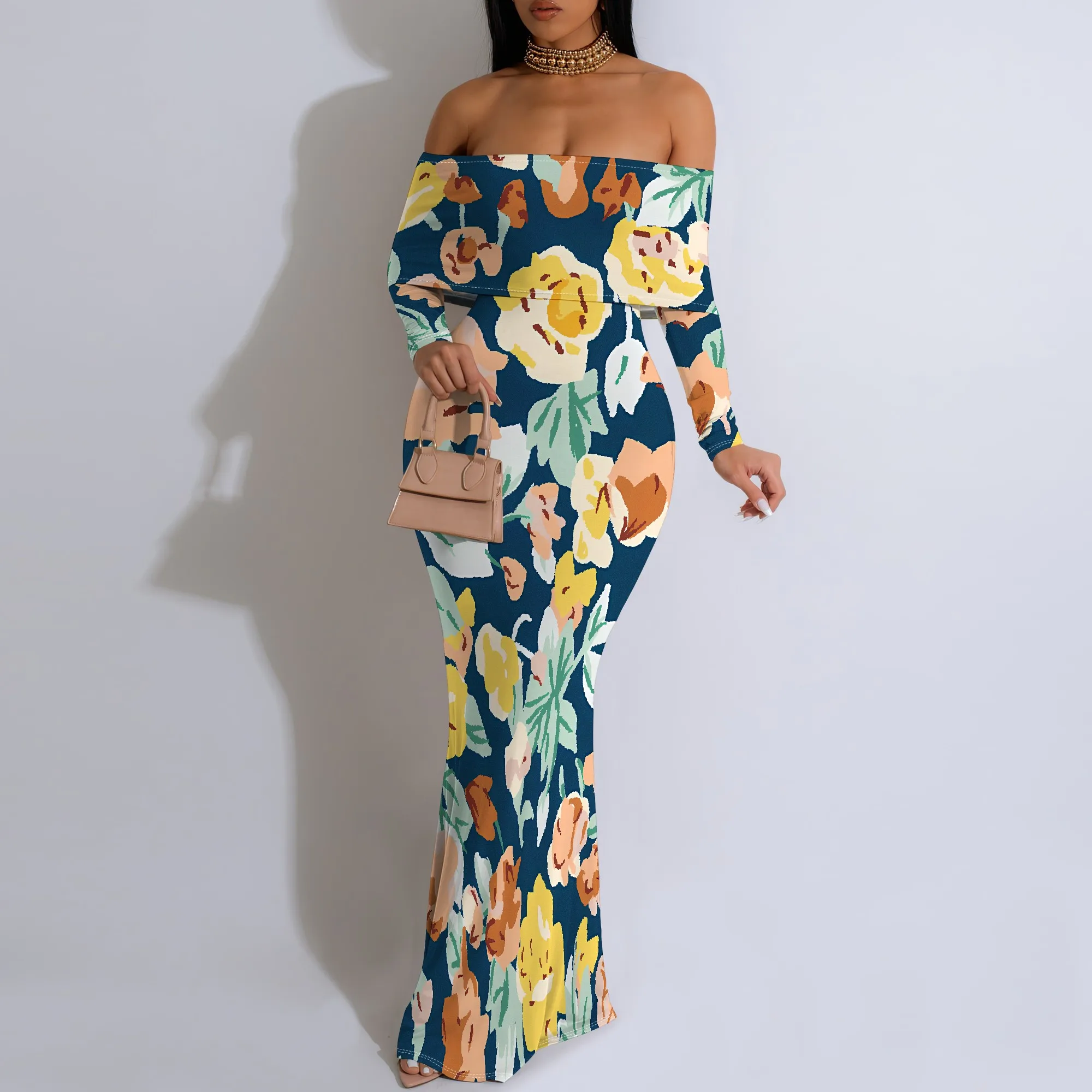 Women's Tight Hips-Wrapped Geometric Off-Shoulder Ruffle Short Sleeve Dress Vibrant Cultural Party Casual Maxi Dress