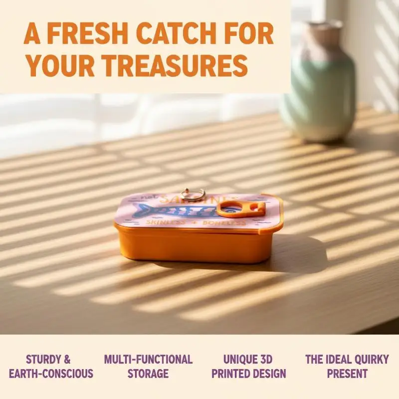 Sardine Tin Jewelry Box 3D Printed Non-slip Base Easy Open Lid Ring Storage Case for Office Desk Jewelry Organize