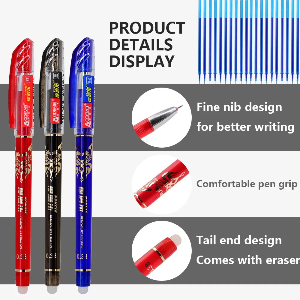 12 Stück/Set löschbare Gelstifte-Set, 0,5 mm blau/schwarz/rot löschbare Stiftmine, waschbarer Griff, löschbarer Stift, Büromaterial – Detail 4