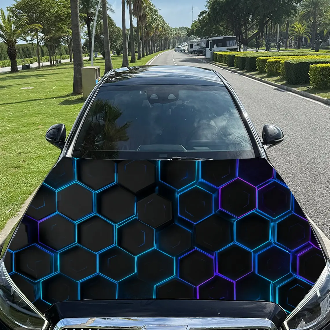 Dynamic Blue-Purple Honeycomb Print car hood stickers, waterproof self-adhesive, scratch resistant, easy to stick, durable car P