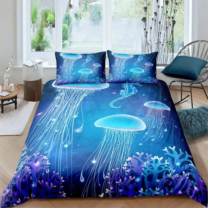 Jellyfish Duvet Cover Ocean Nautical Hawaii Beach Bedding Set Sea Animals Coral Quilt Cover Women Children Bedroom Decorations