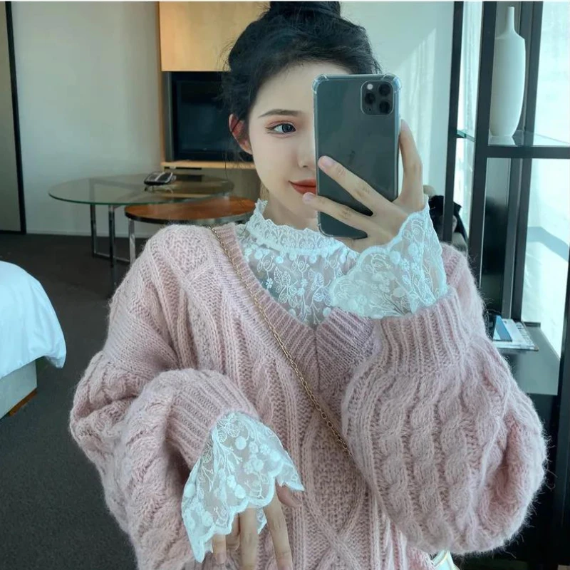 Blouses Women Lace Design Korean Style Simple Sweet Solid All-match Leisure Basic Elegant Fashion Ladies Comfortable Retro New