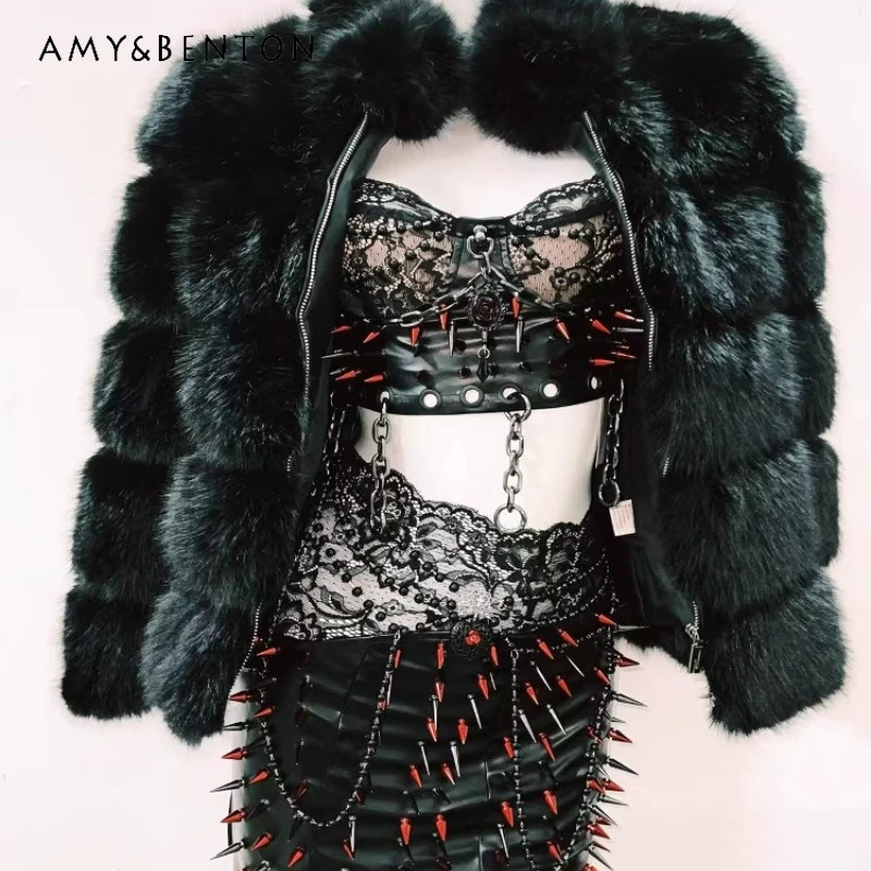 

Оригинальный дизайн, черный кружевной ажурный женский жилет, новая мода, сексуальная готическая короткая юбка с заклепками, высококачественное элегантное меховое пальто, женское