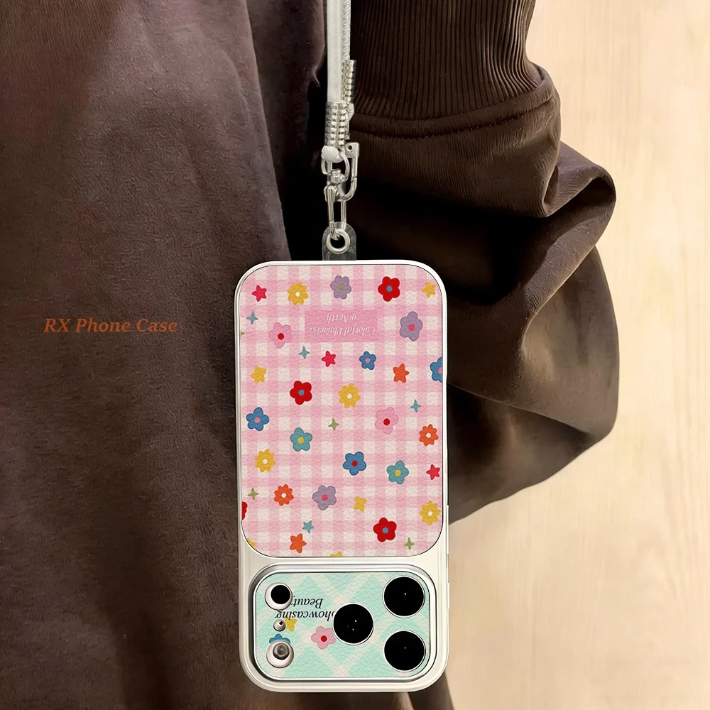 Chequered And Floral Prints Phone Case For iPhone 18 Pro 17 Pro Max 15 16 Pro Max 14 13 12 11 Faux Leather Cover With Lanyard view 4