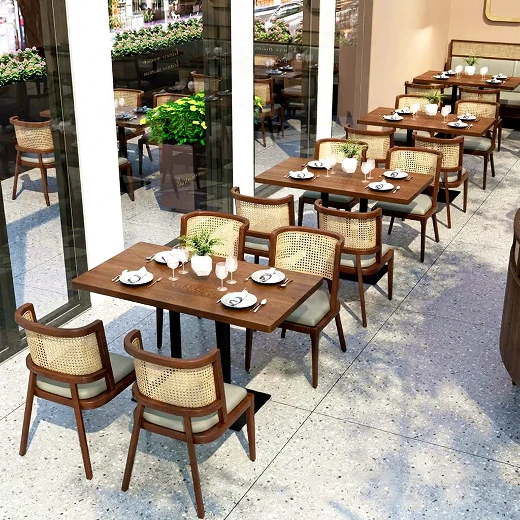 Modern Solid Wood Restaurant Furniture Set Rattan Dining Chairs Table Booth Seating For Cafe Hotel Bistro Commercial Dining Room