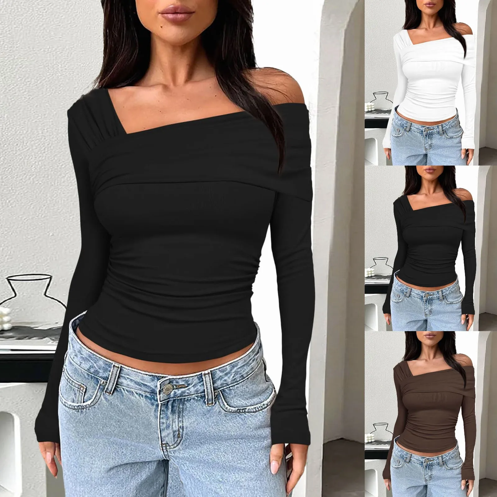 

Women One Off Shoulder Long Sleeve Top Sexy Style Asymmetrical Crop Top Solid Color Ruched T Shirts Daily Outfit Streetwear Suit