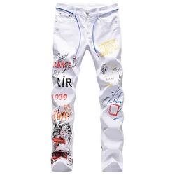 Men's Letter Graffiti White Jeans 2025 New Fashion Print Slim Mens Jeans  Skinny Biker Jeans For Man Denim Punk Pants Jean Homme
