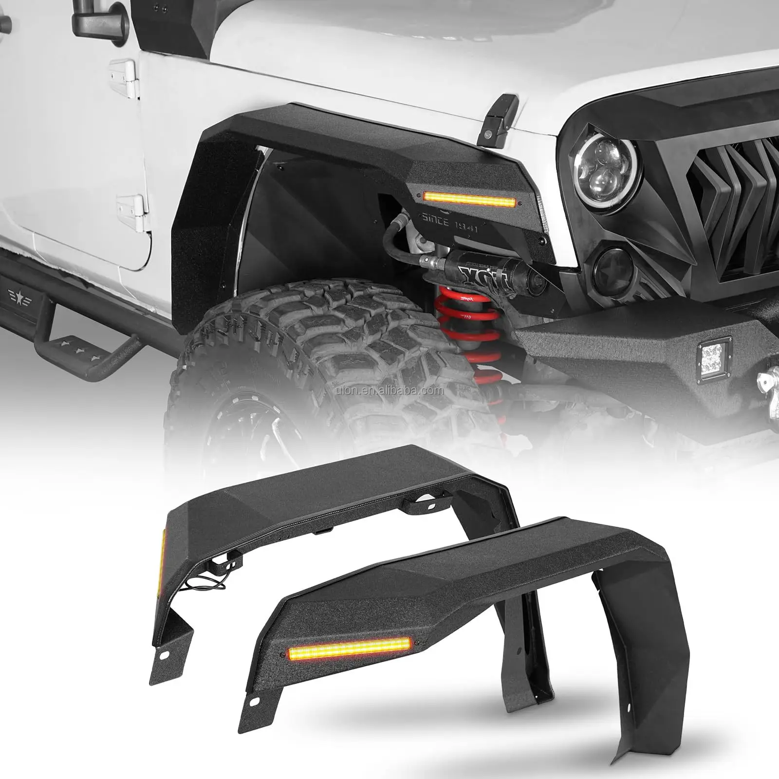 

JK 7" Wide Flat Front Fender Flares W/LED Lights For Jeep JK 2007-2018 2/4 Doors, 2 PCS Steel Fenders W/Turn Signal Lights