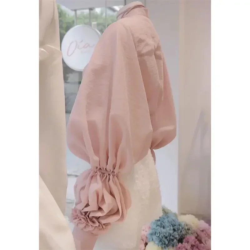 Neploe Pink Bowknot Blouses 2024 Summer French Fragrance Style Blusas Femme Chic Sweet Gentle Solid Color Long-Sleeve Shirts