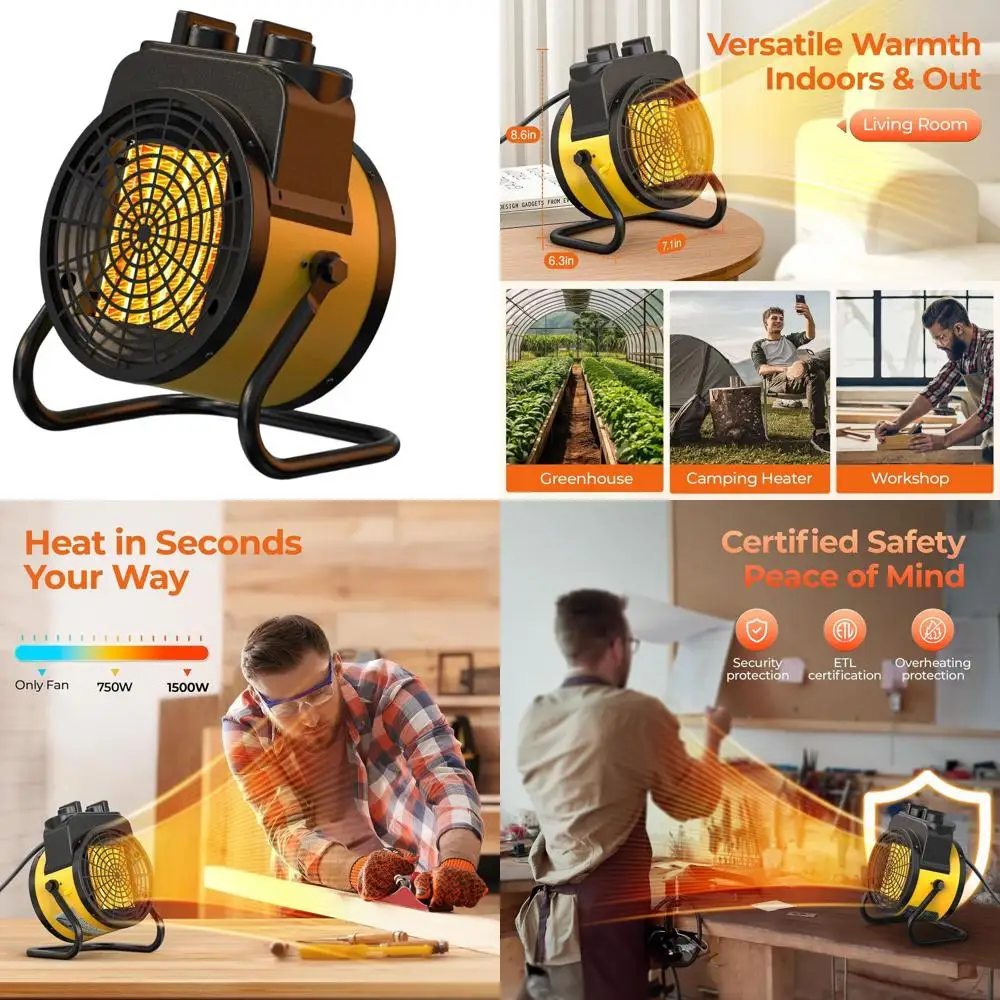 

1500W Outdoor Electric Greenhouse Heater with 3 Modes, Thermostat, Overheat Protection & 90° Tilt for Various Spaces