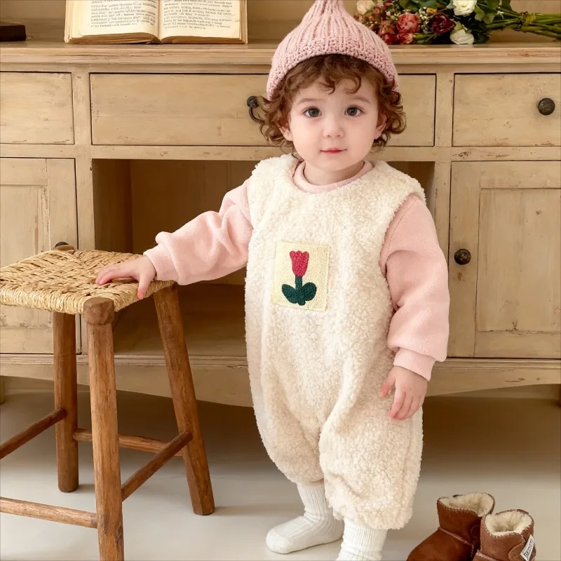 

Baby jumpsuit autumn and winter women's baby with thick plush crawling clothes girls' O-neck one-piece plush bottom tops Warm