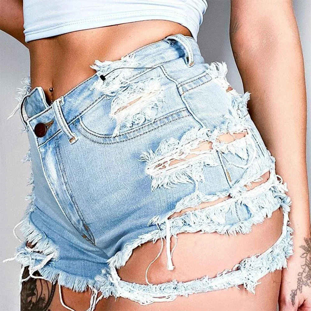 2024 Women\'s Sexy Y2K Ripped  High Waist Denim Shorts with Hollow Out Hole Irregular Tassel Blue Slim Streetwear Summer Fashion