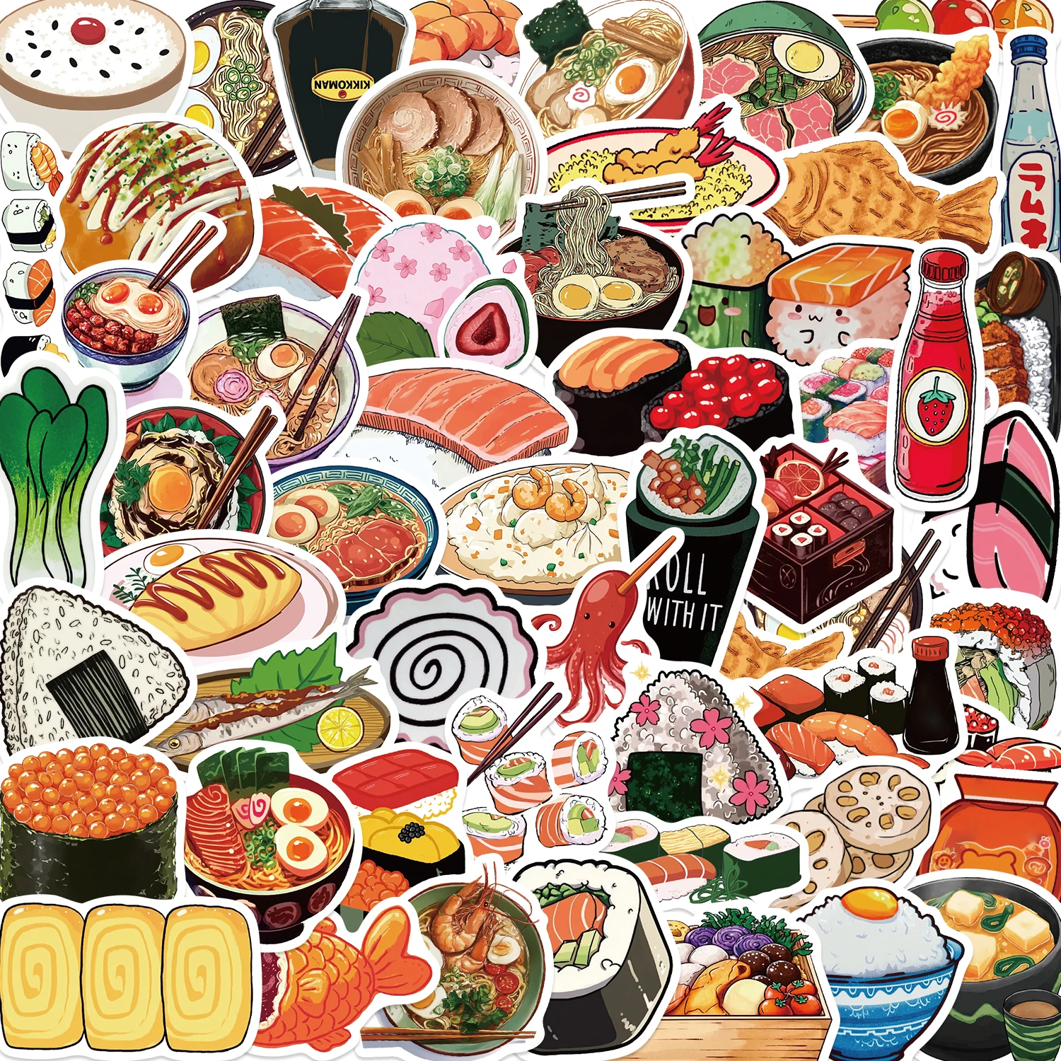 50 Pegatinas con Diseños de Comida Coreana y Japonesa para Cuadernos, Botellas de Agua, Maletas, Festivales Gastronómicos, Restaurantes, PVC Impermeable