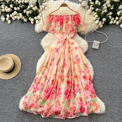 Summer Holidays Gorgeous Flower Chiffon Dress Women Sexy Off The Shoulder Elastic Waist Floral Print Maxi Boho Robe Vestidos