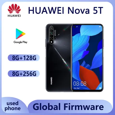 Globalny Firmware HUAWEI Nova 5T Smartphone Android Mali-G76 Telefon Komórkowy 32MP Przednia Kamera Pełny Ekran Odblokowany Używany Telefon