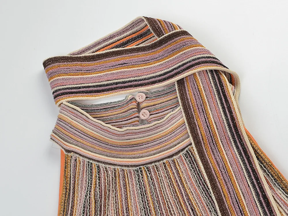 2026 Lady Fashion Summer Knits Stripes Suit Halter Sleeveless Tops With Scarf Elastic Waist Long Mermaid Skirt Women 2Pcs view 5