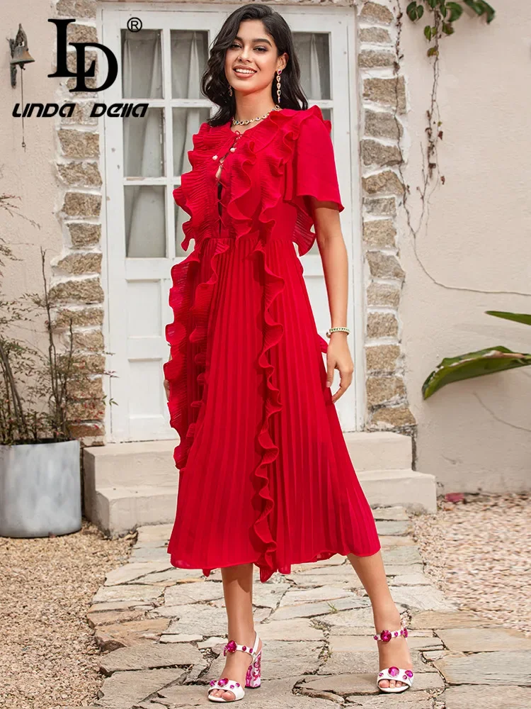 

LD LINDA DELLA Fashion Runway Summer Party Dress Women O-neck Elegant Ruffles Solid Pleated Vacation Midi Dress